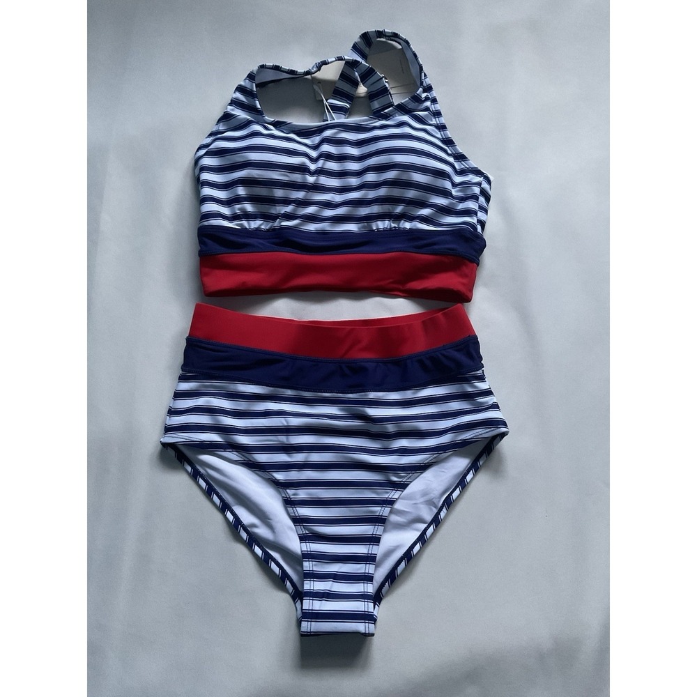 DOKOTOO Bikini Set‎ Size  Small Chic Striped Blue and White/Adjustable Straps